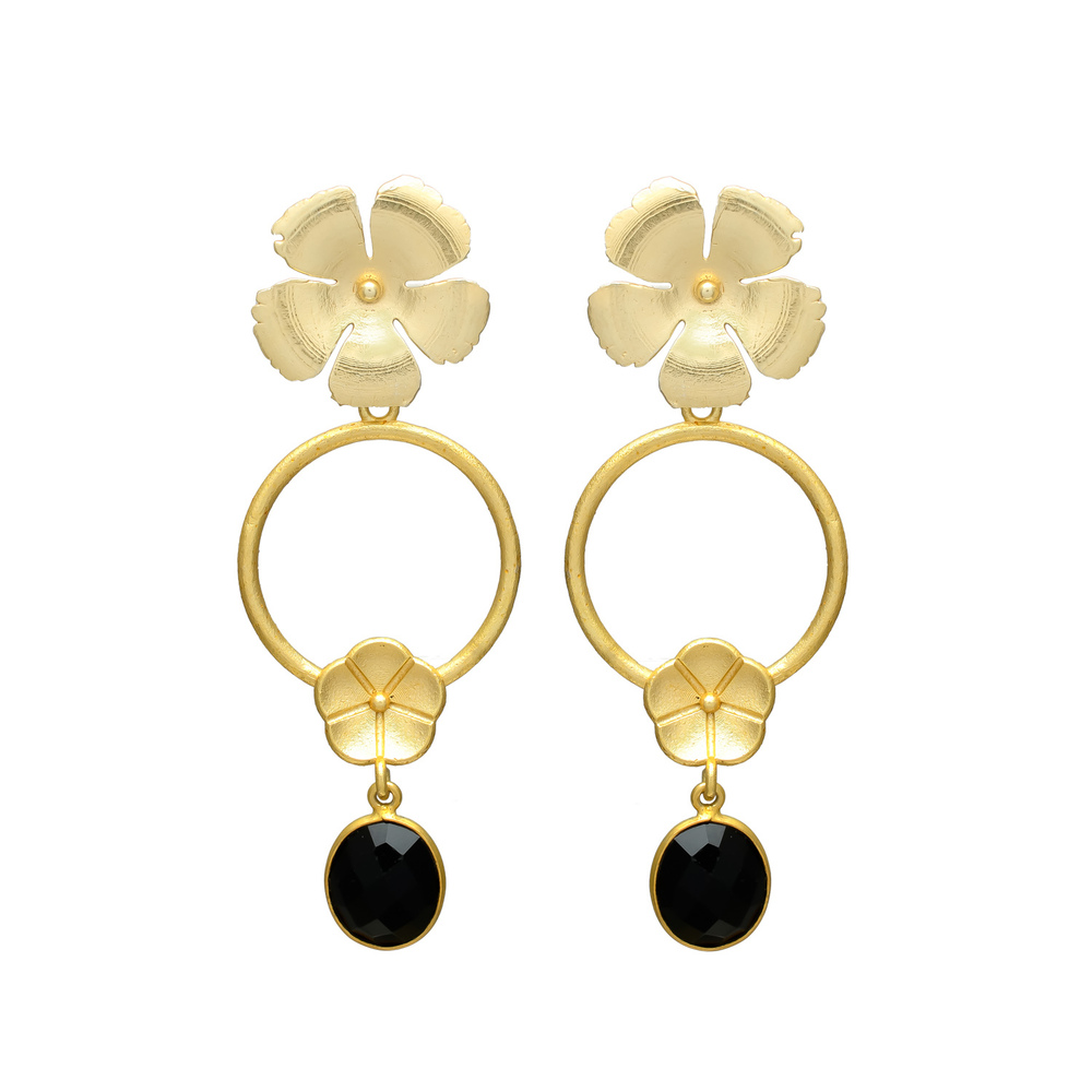 New Arrival Golden Floral Drop Earrings with Black Onyx Gemstone