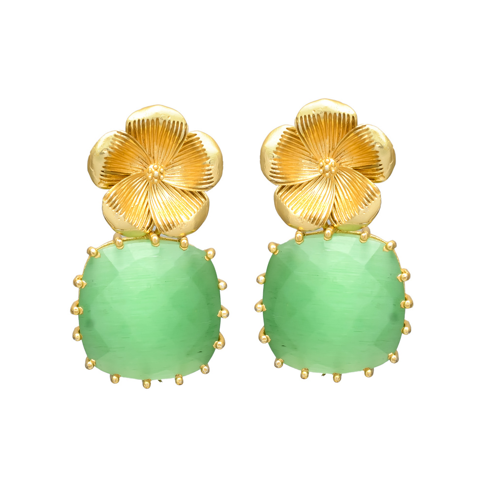 New Arrival Gold Plated Flower Stud Drop Earring with Green Chalcedony