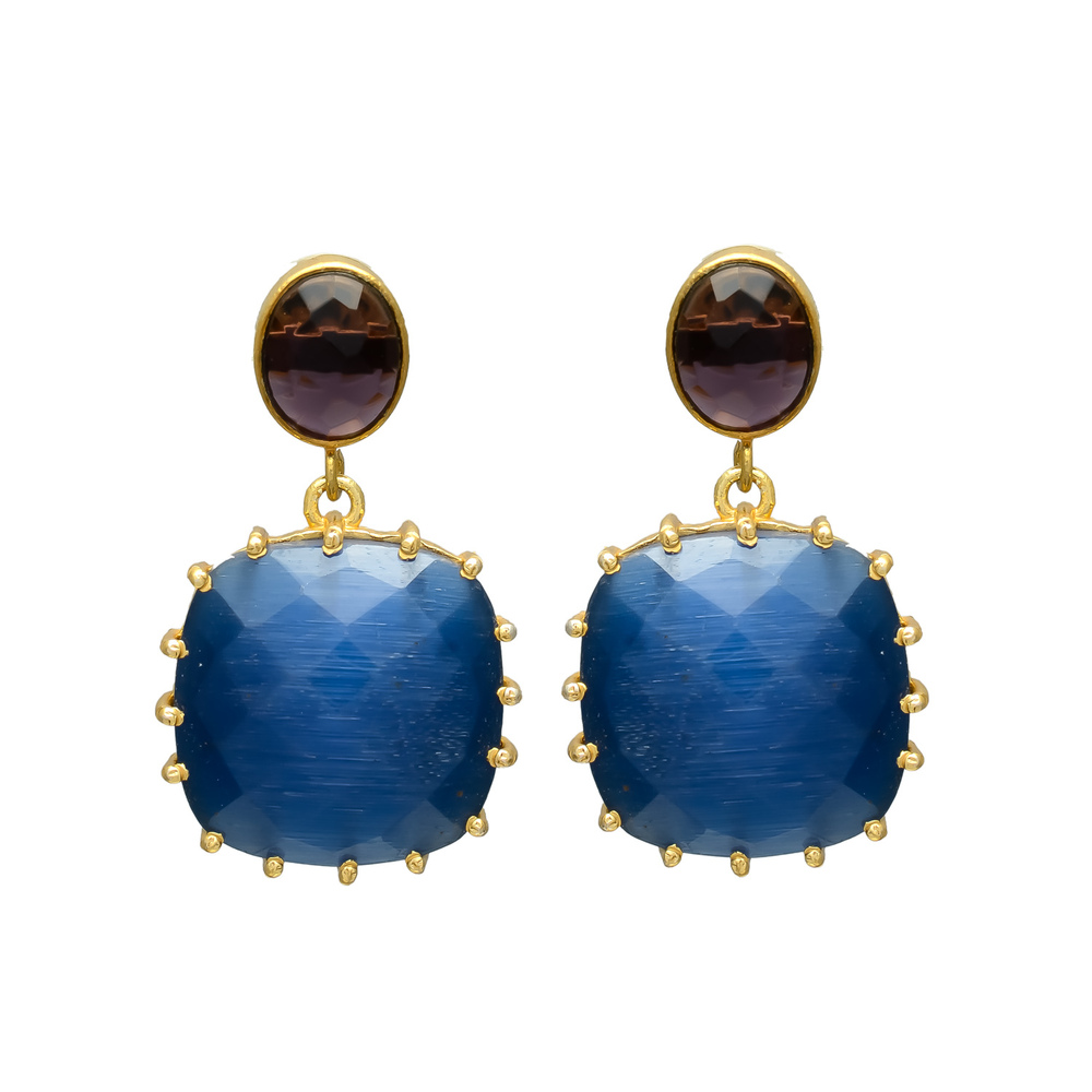 New Arrival Gold Plated Tiger Eye Stud Drop Earring with Lapis Lazuli Gemstone