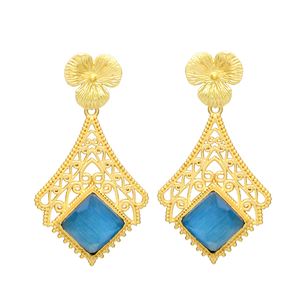 New Arrival Gold Plated Blue Hydro Gemstone Earrings with Golden Delicate Filigree