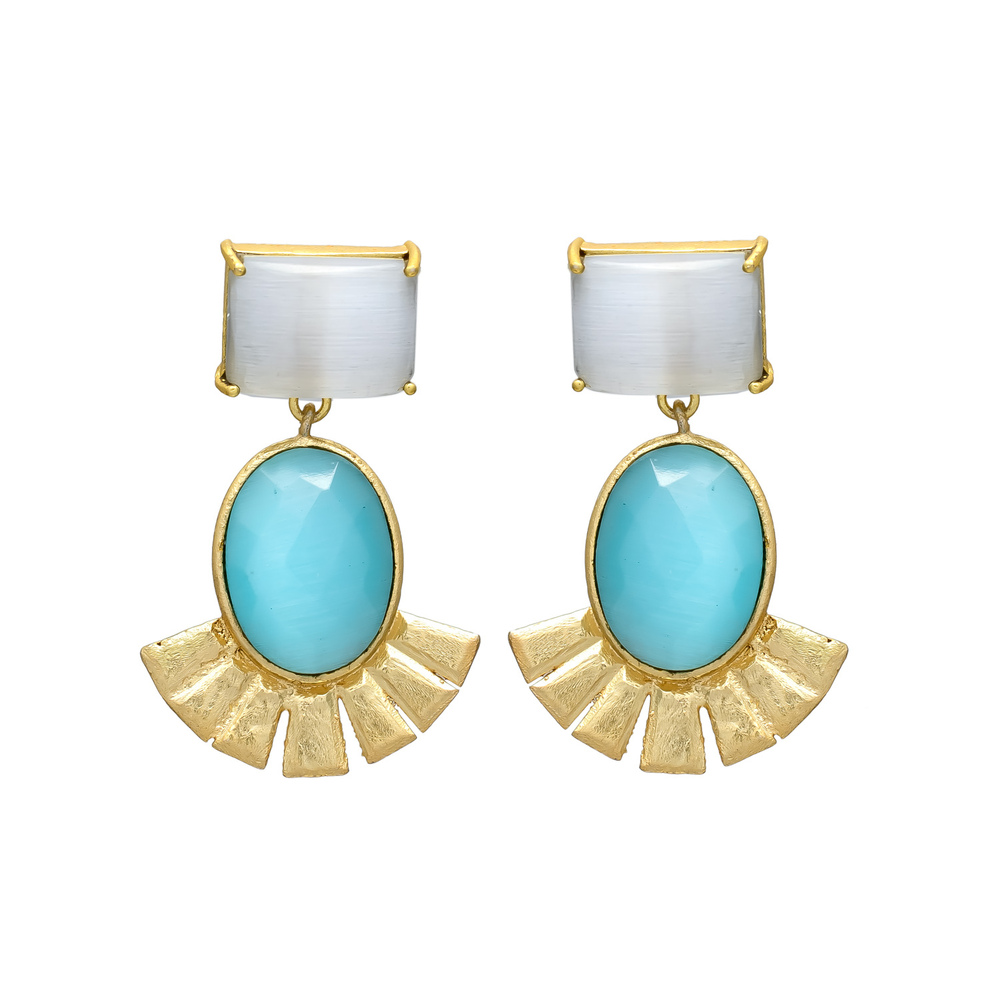 New Arrival Golden Floral Earring with White and Blue Chalcedony