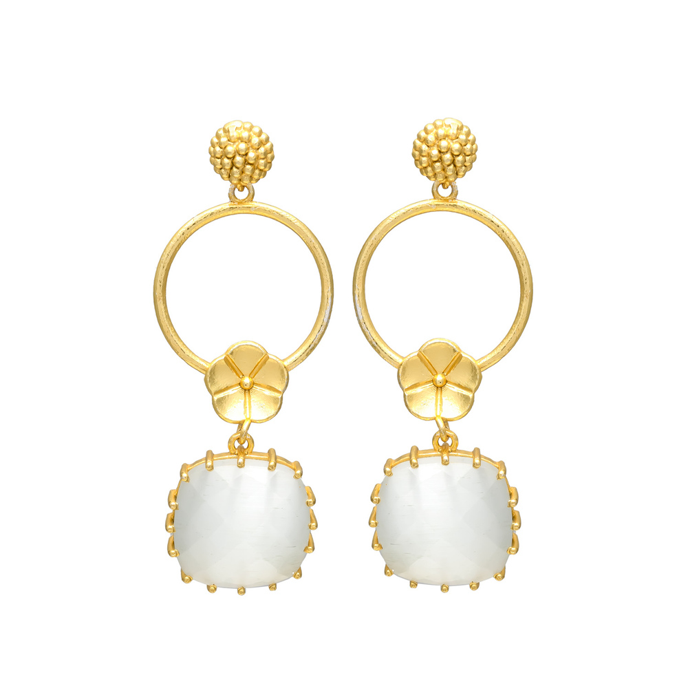 New Arrival Gold Tone Floral Drop Earrings with White Quartz