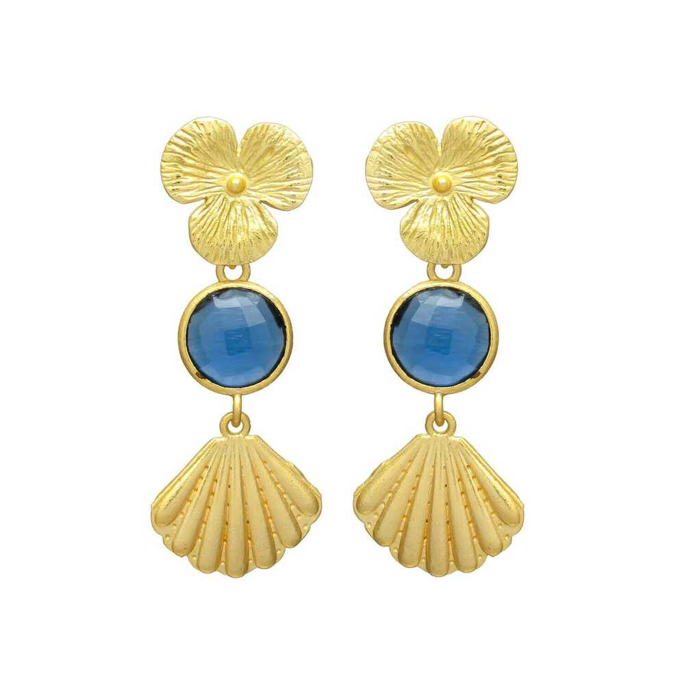 New Arrival Gold-Plated Floral and Seashell Earrings with Sapphire Gemstones