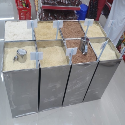 Stainless Steel Rice And Millets Display Bin - 50 Ltr Capacity, Corrosion Resistant, Powder Coated Finish, Supermarket Use
