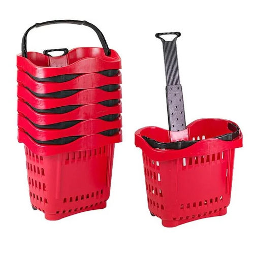 42L Wheel Plastic Shopping Basket - Color: Red And Black