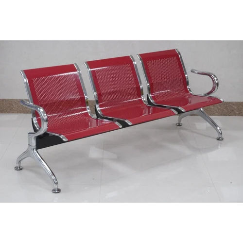 Mild Steel Three Seater Waiting Chair - Color: Red And Silver