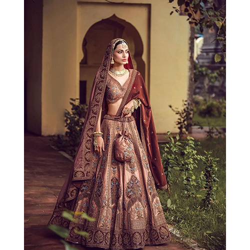 Dark Chestnut Color Bridal Lehenga With Well Crafted Velvet Dupatta