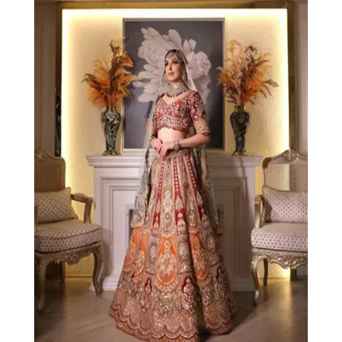 Bridal Red Orange Designed Lehenga With Heavy Embroidery