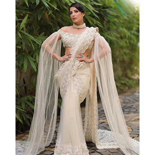 Cream White Color Embroidery Saree With Fairy Design & Long Trail