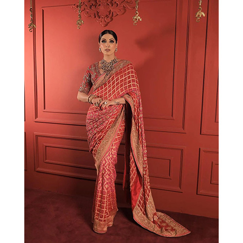 Indian Red Color Embrodiery Saree With Heavy Embrodiery