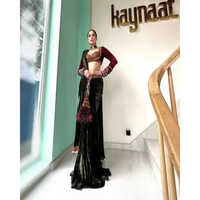 Olive Green Color Velvet Saree With Red Emroidery Velvet Top