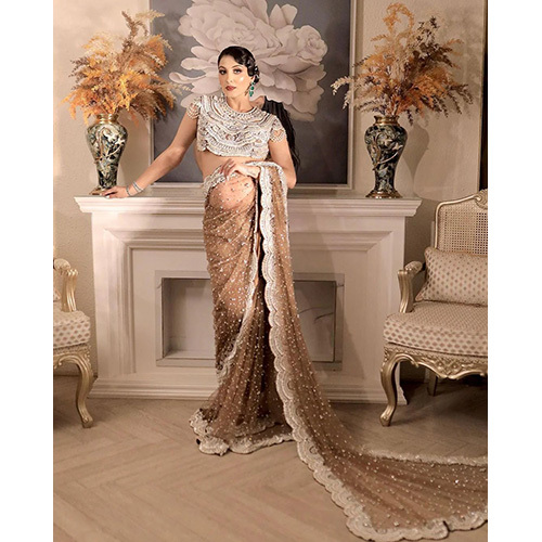 Nude Brown Color Saree With Modish Top And Drape