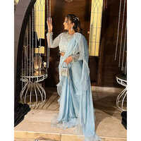 English Blue Color Saree With Ruffle Drape