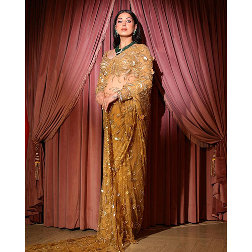 Golden Brown Color Saree With Elegant Embroidery