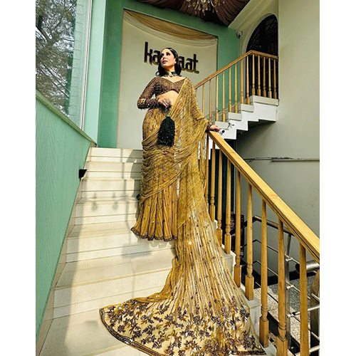 Pale Brown Golden Color Embroidery Saree With Exquisite Trail