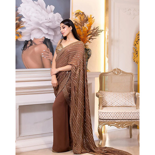 Brown Color Saree & Drape With Emroidered Top