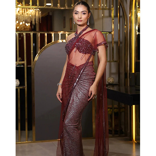 Dark Red Color Saree With Net Drape