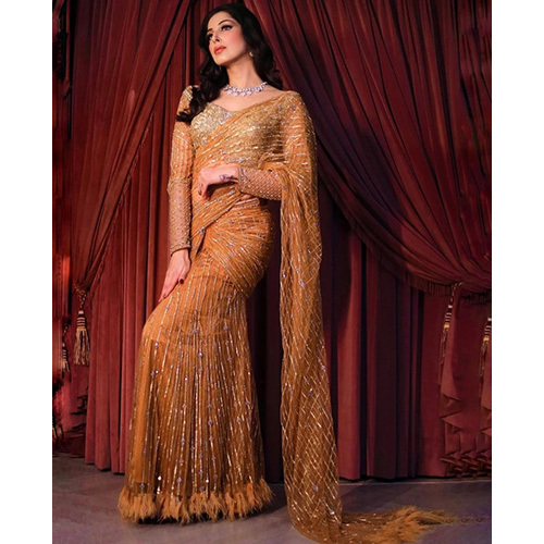 Persian Orange Color Saree With Heavy Emroidery