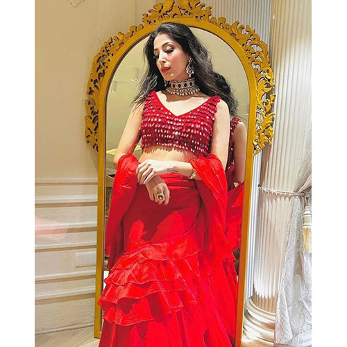 Pigment Red Color Ruffle Saree & Drape