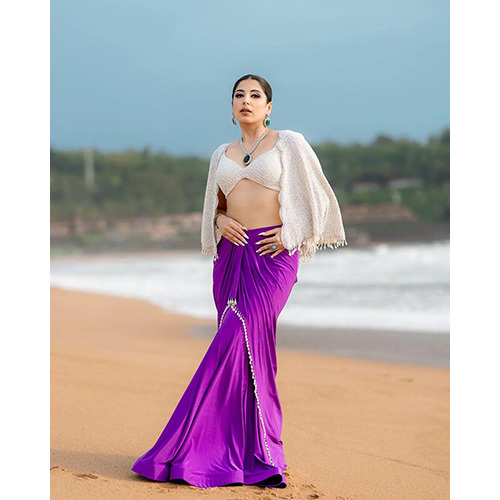 Purple Color & White Color Saree With Isabelline Color Top & Drape