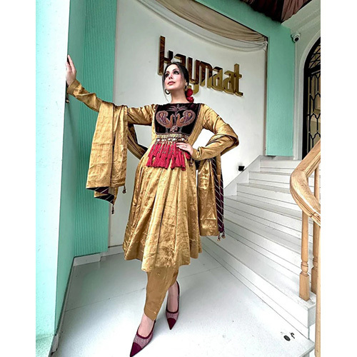 Gold Color Velvet Anarkali Suit With Dupatta