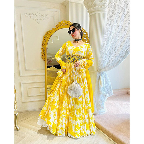 Yellow Anarkali Suit With Dupatta Floral Design