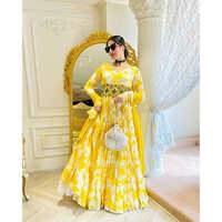 Yellow Anarkali Suit With Dupatta Floral Design