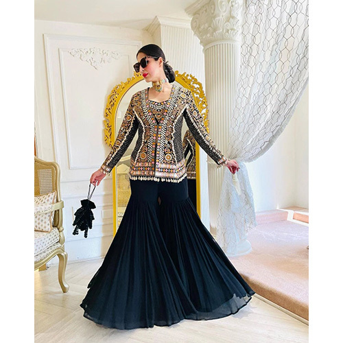 Black Anarkali Suit With Embroidery On Top