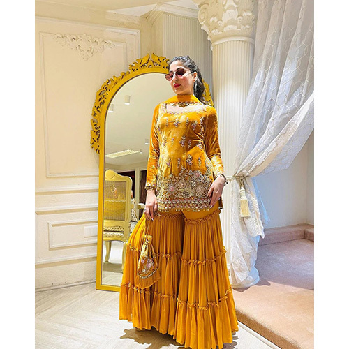 Yellow Anarkali Suit With Velvet Emroidery Top