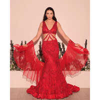Red Fish Cut Lehenga With Layered Dupatta