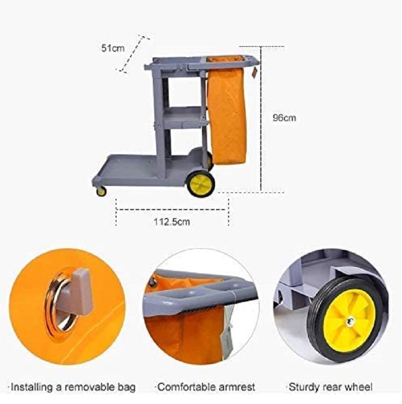 Janitor Cart - Plastic, 40d X 24w X 11h Cm , 3-shelf Portable Collapsible Cleaning Trolley With Adjustable Handle & Locking Mechanism