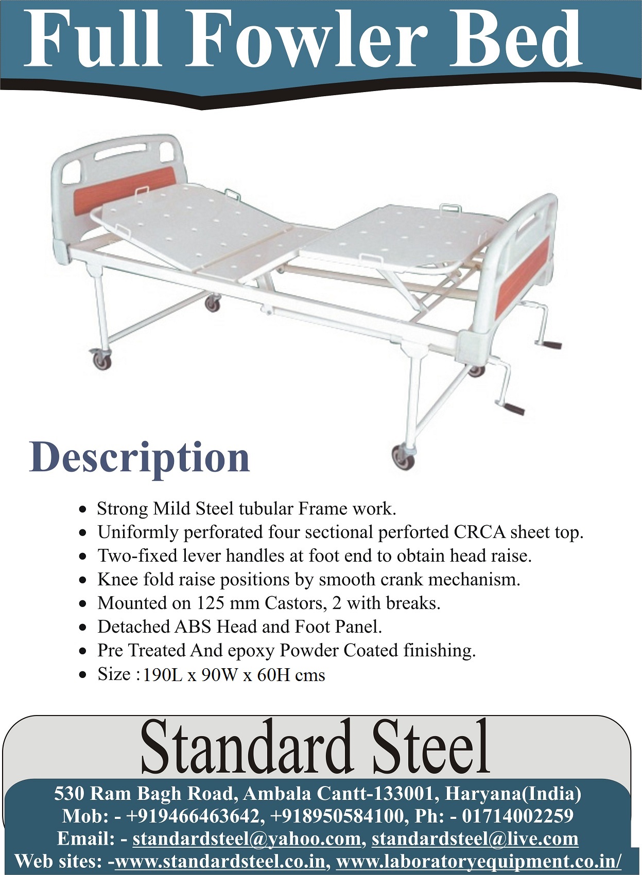 Hospital Full Fowler Bed - Strong Mild Steel, 1900l X 900 X 600 Mm | Adjustable Backrest, Rust Resistant, Portable With 4 Castors