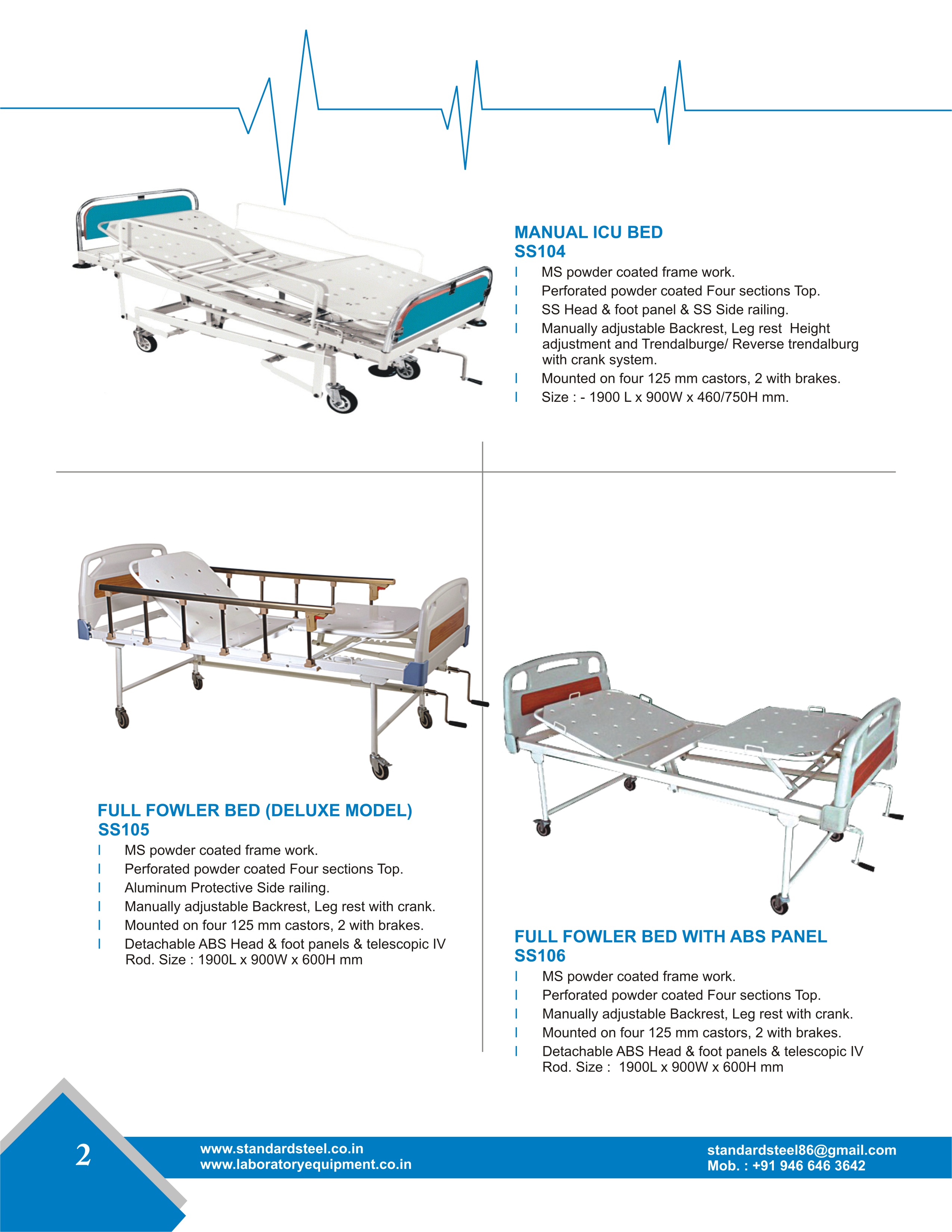 Hospital Full Fowler Bed - Strong Mild Steel, 1900l X 900 X 600 Mm | Adjustable Backrest, Rust Resistant, Portable With 4 Castors