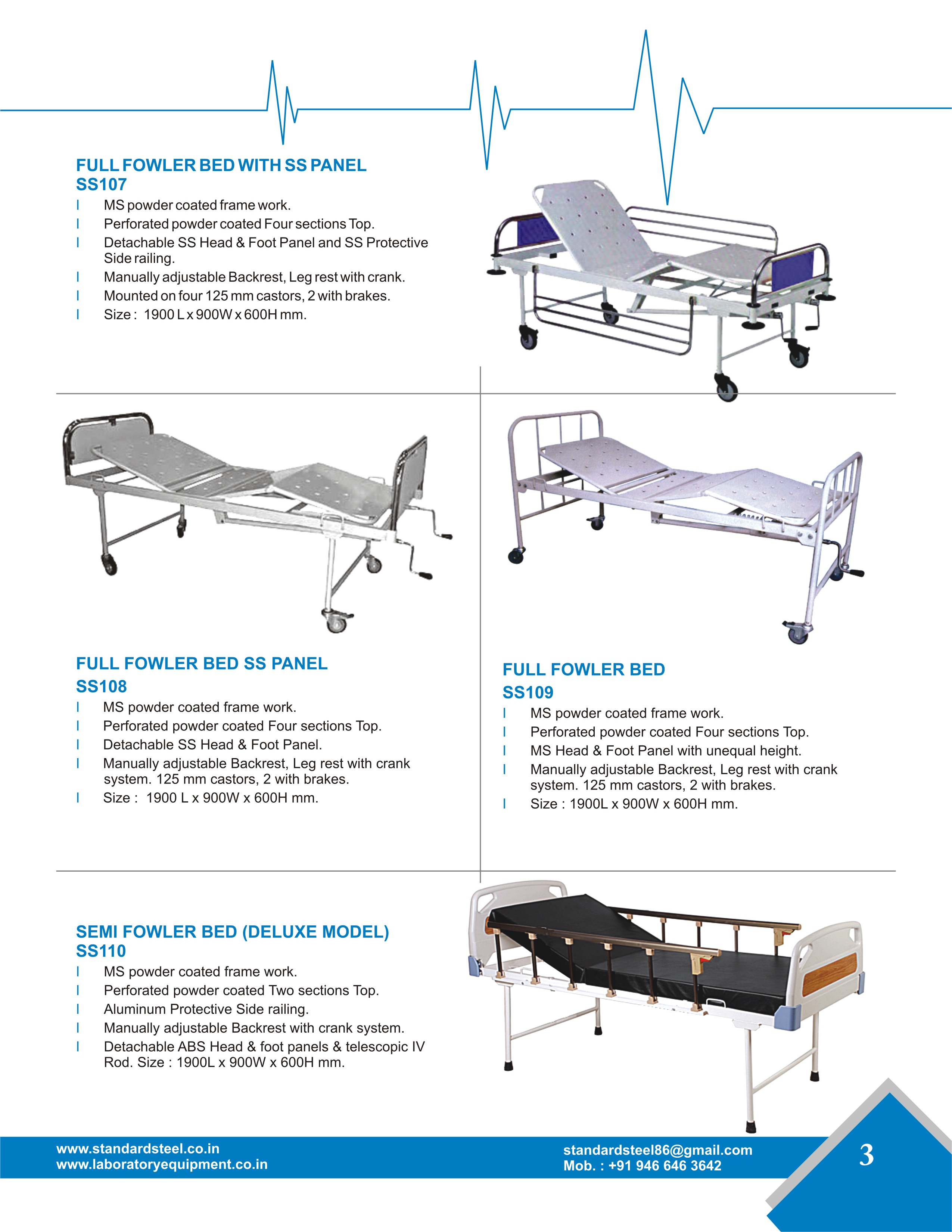 Semi Fowler Bed - Strong Mild Steel Tubular Frame, 1900l X 900w X 600h Mm | Adjustable Backrest, Rubber Stumps, Portable, Knockdown Condition