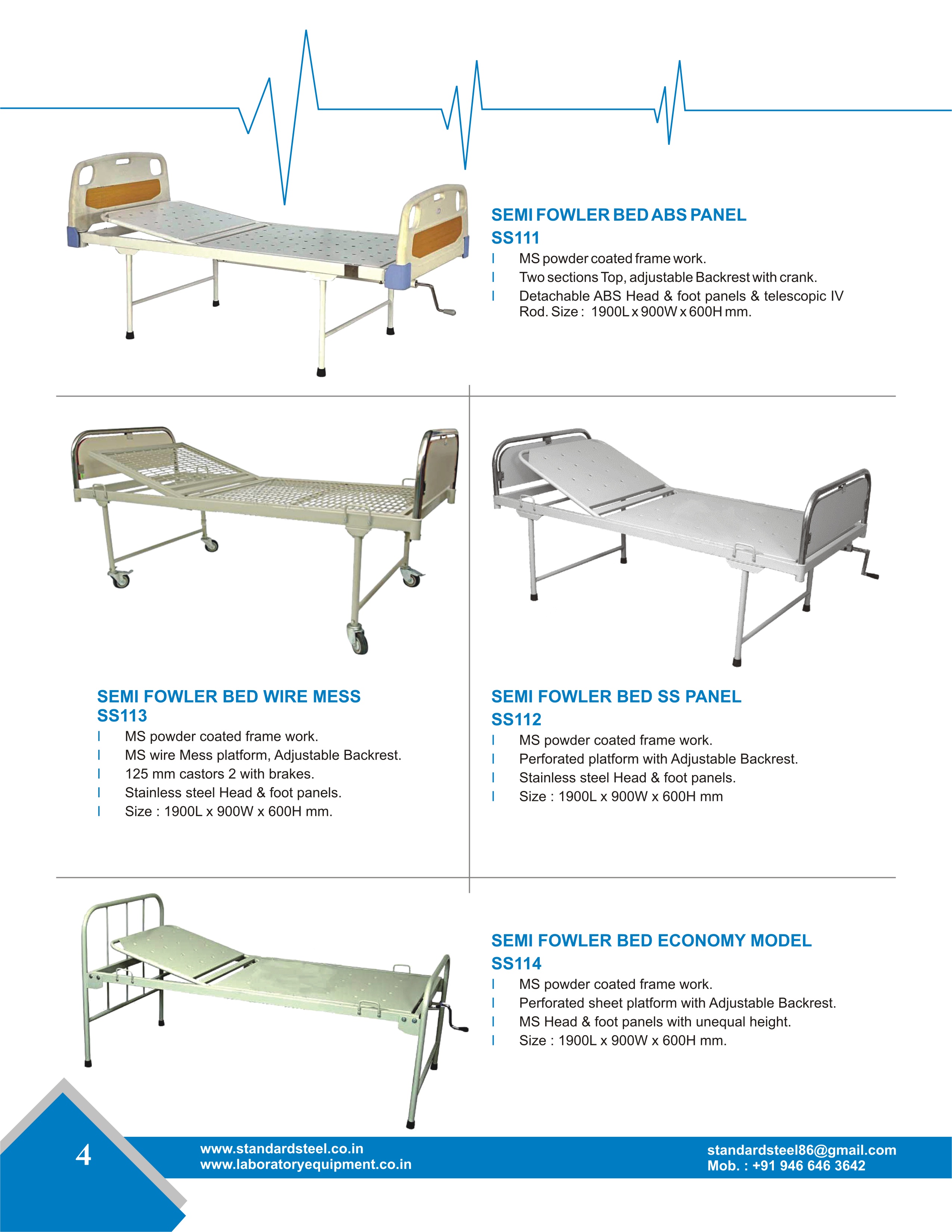 Semi Fowler Bed - Strong Mild Steel Tubular Frame, 1900l X 900w X 600h Mm | Adjustable Backrest, Rubber Stumps, Portable, Knockdown Condition
