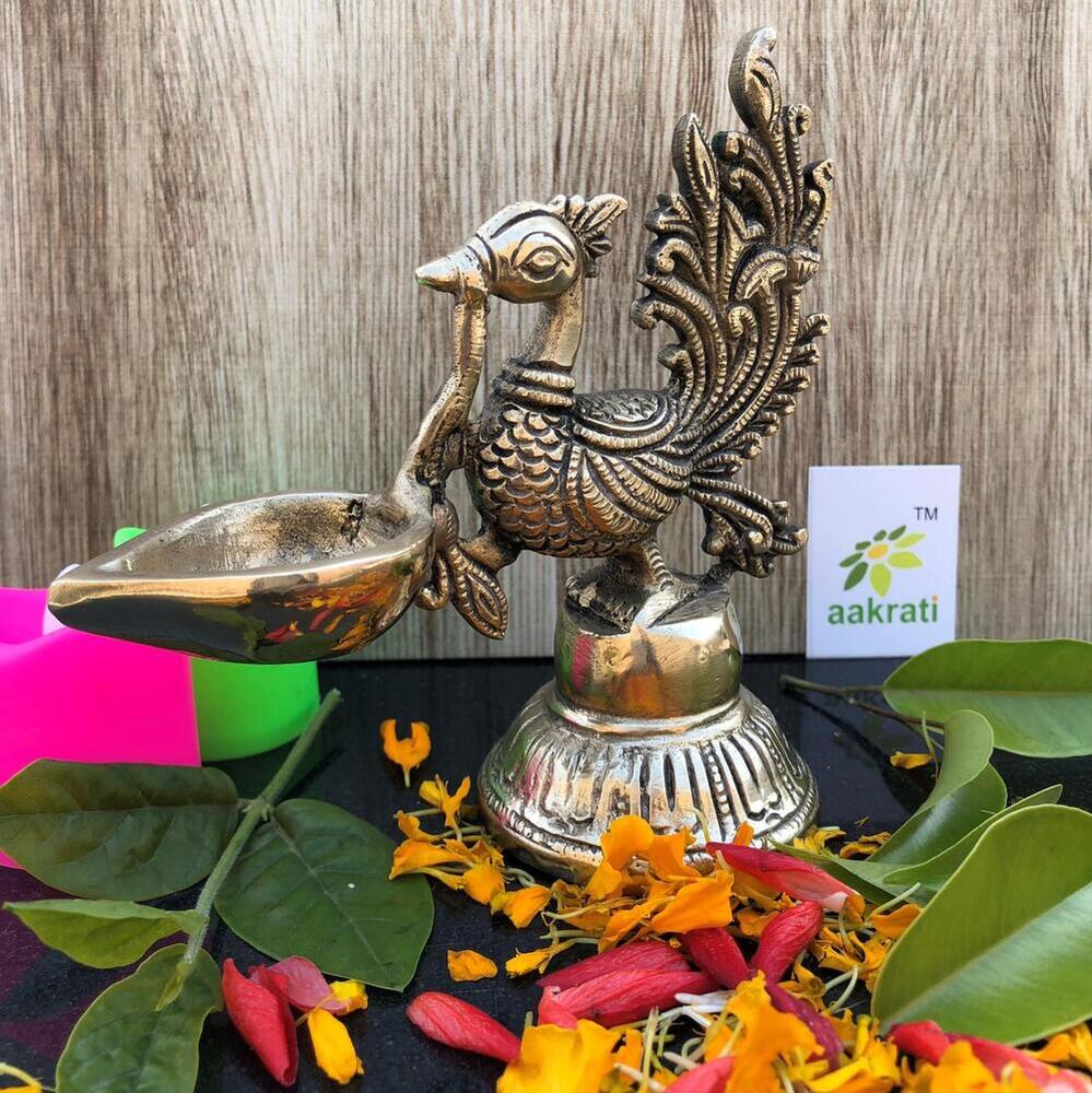 Aakrati Table Diya - Peacock Oil lamp - Metal Brass Antique Finish Worship - Prayer Deepak