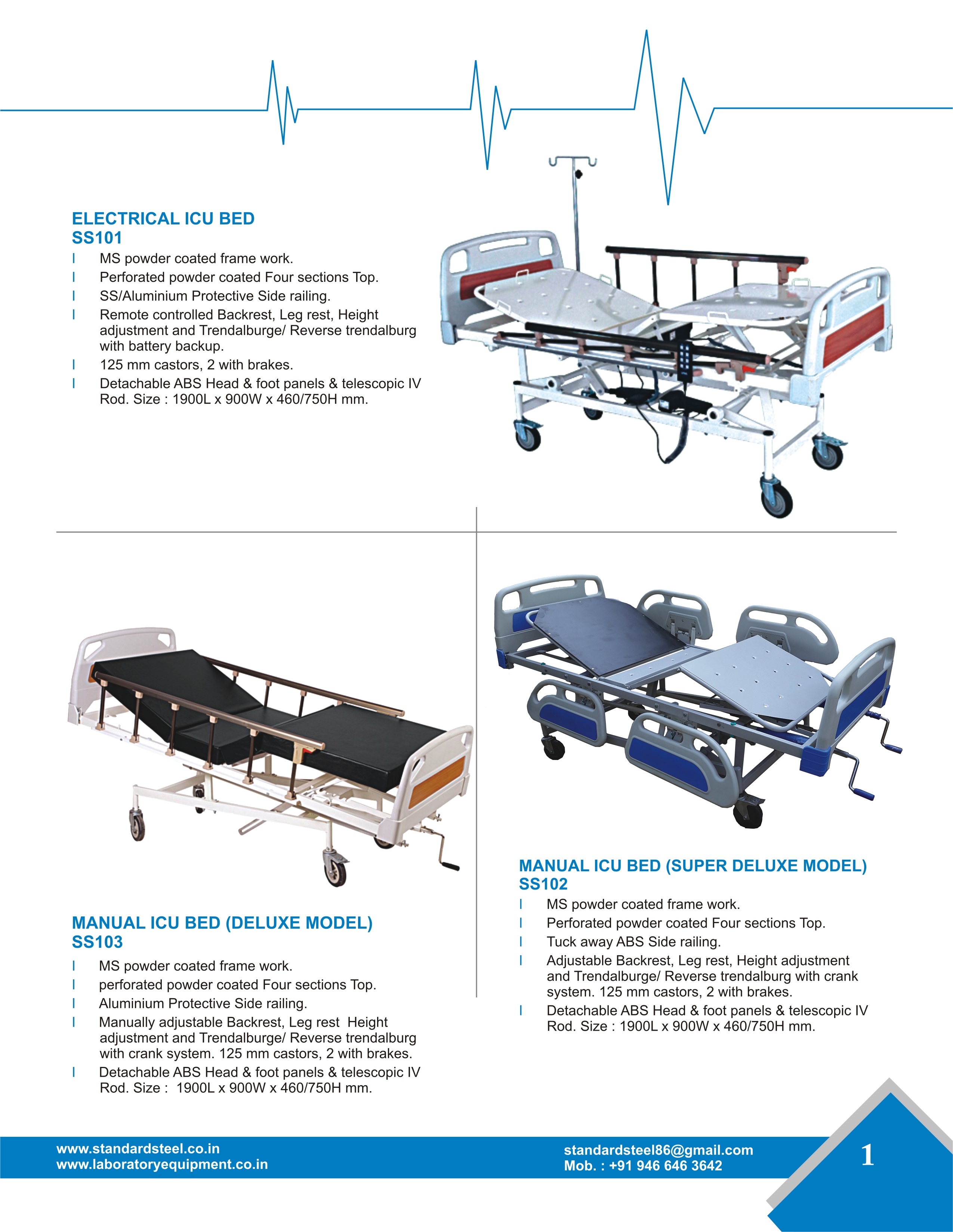 Electric Icu Bed - Strong Mild Steel Tubular Frame, 1900l X 900 X 460/750 Mm , 4 Electric Actuators With Battery Backup, Remote Controlled Adjustments