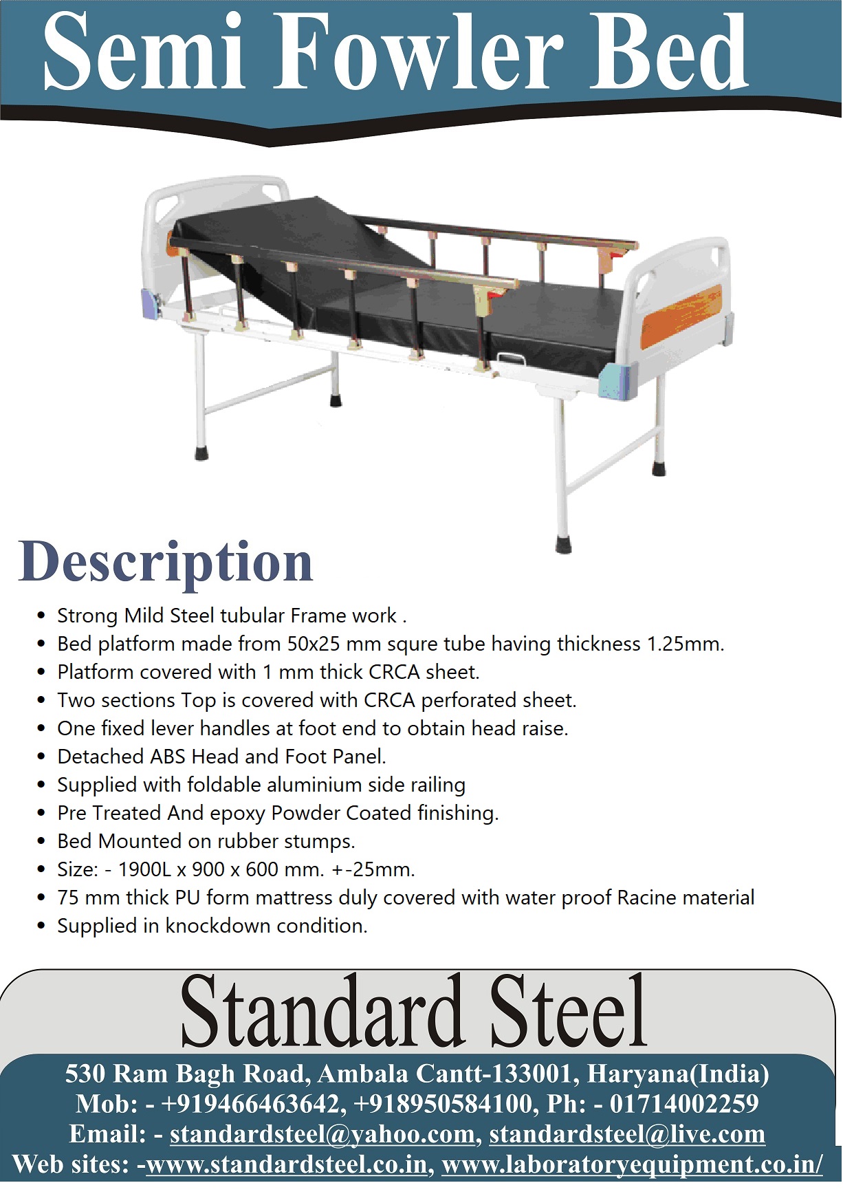 Hospital Semi Fowler Bed With Abs Panel