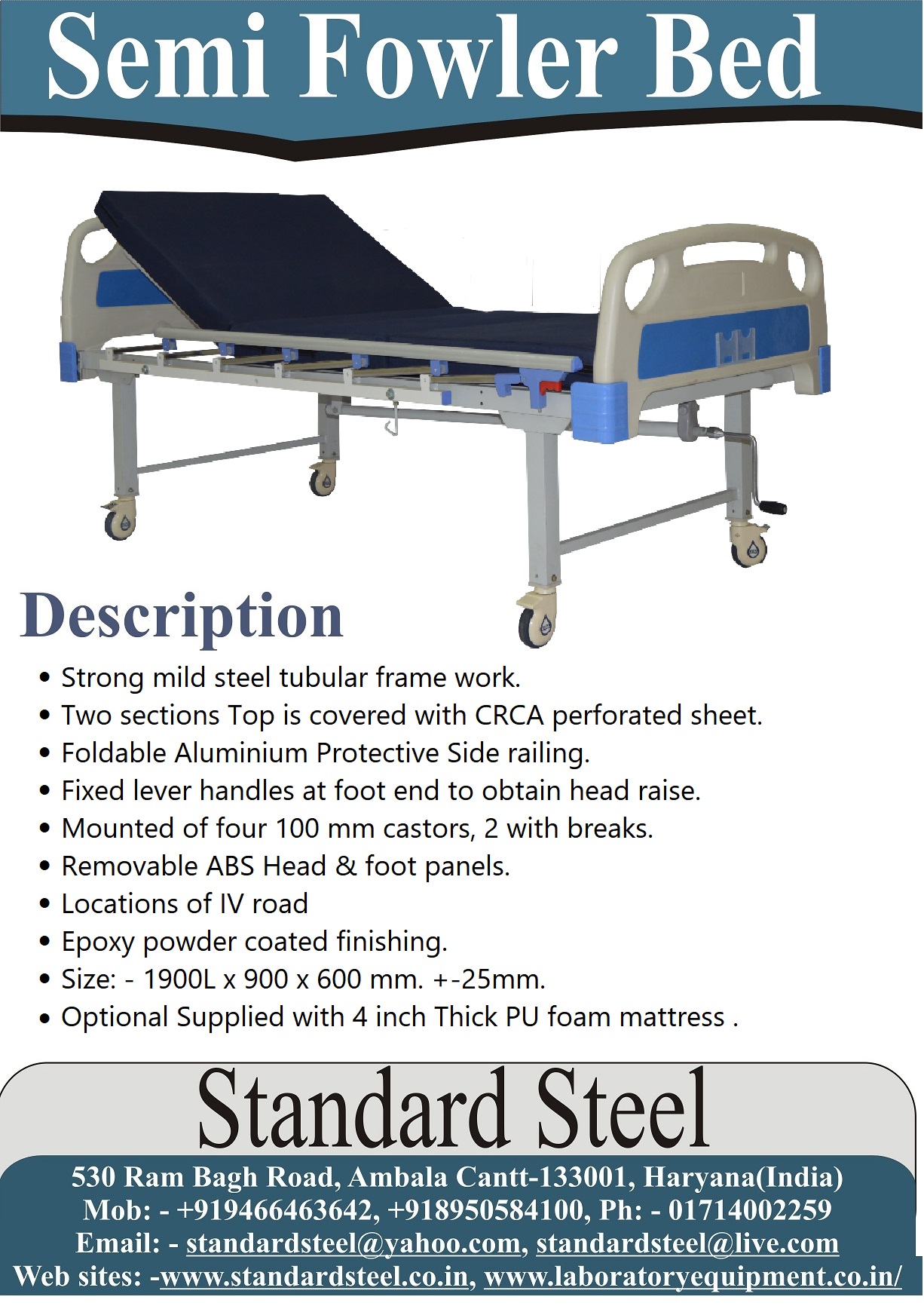 Hospital Semi Fowler Bed Abs Panels with Railing and wheel