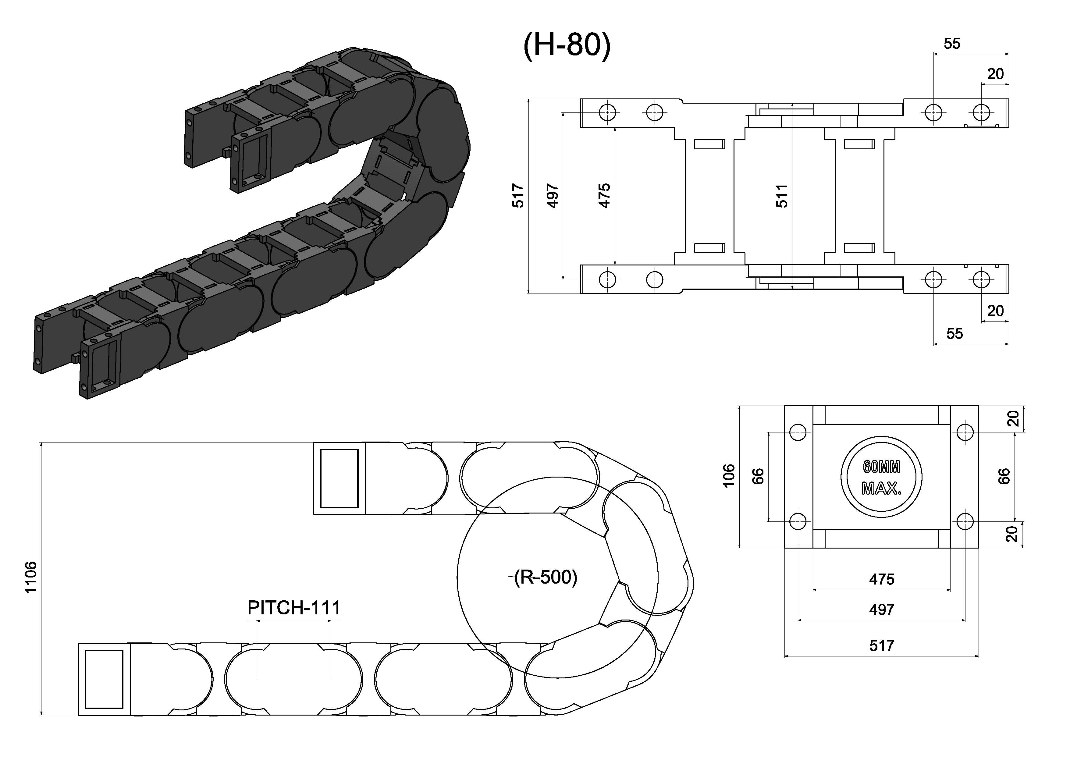 Cable Drag Chain - Nylon 66 (Pa-66) With 30% Fiber Glass, 80x475 Mm Size, Black Color - Suitable For Agriculture And Sports Fields, 106 Mm Outer Height, 1 Meter Length, Round Hole Shape, 1 Year Warranty