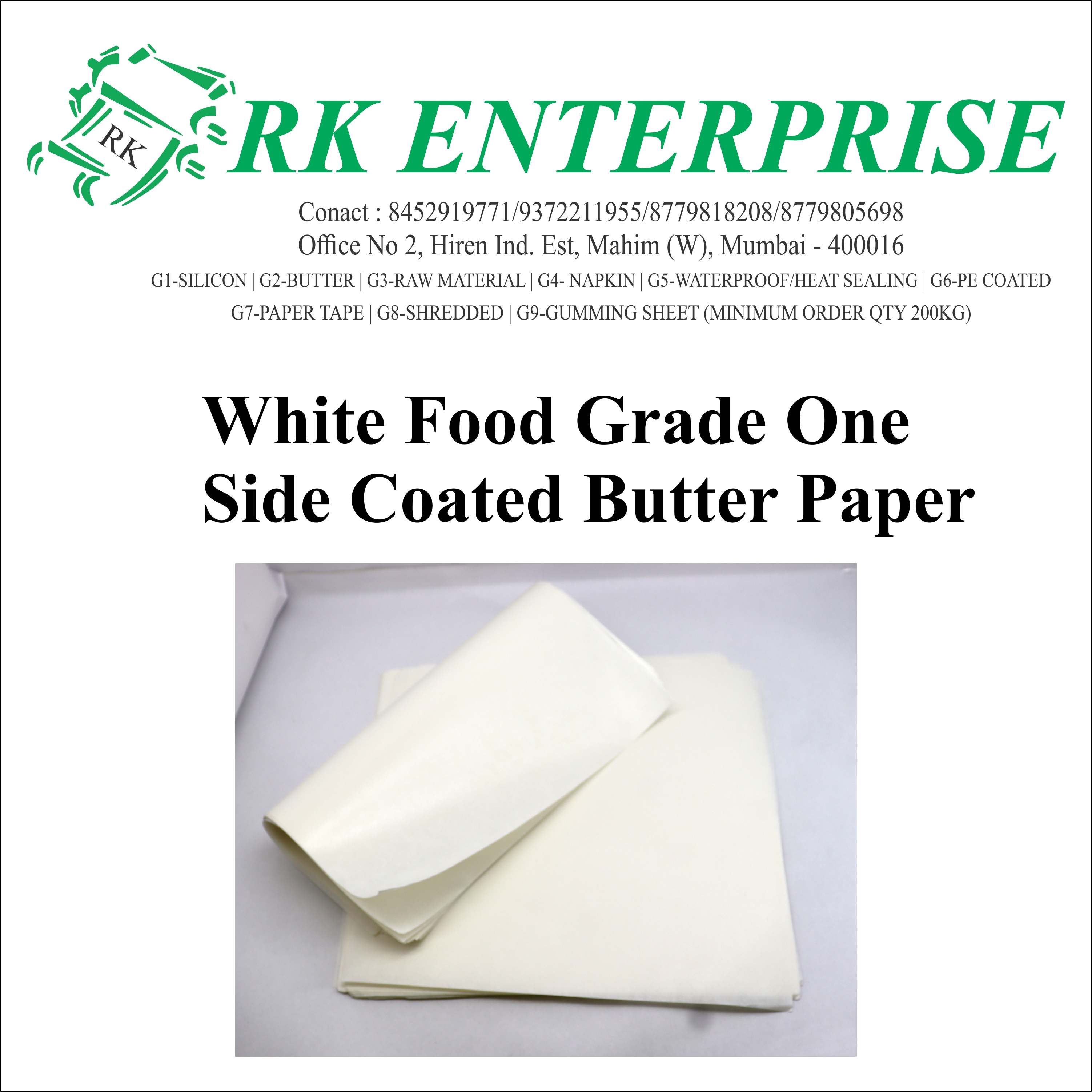 White Food Grade One Coated Butter Paper