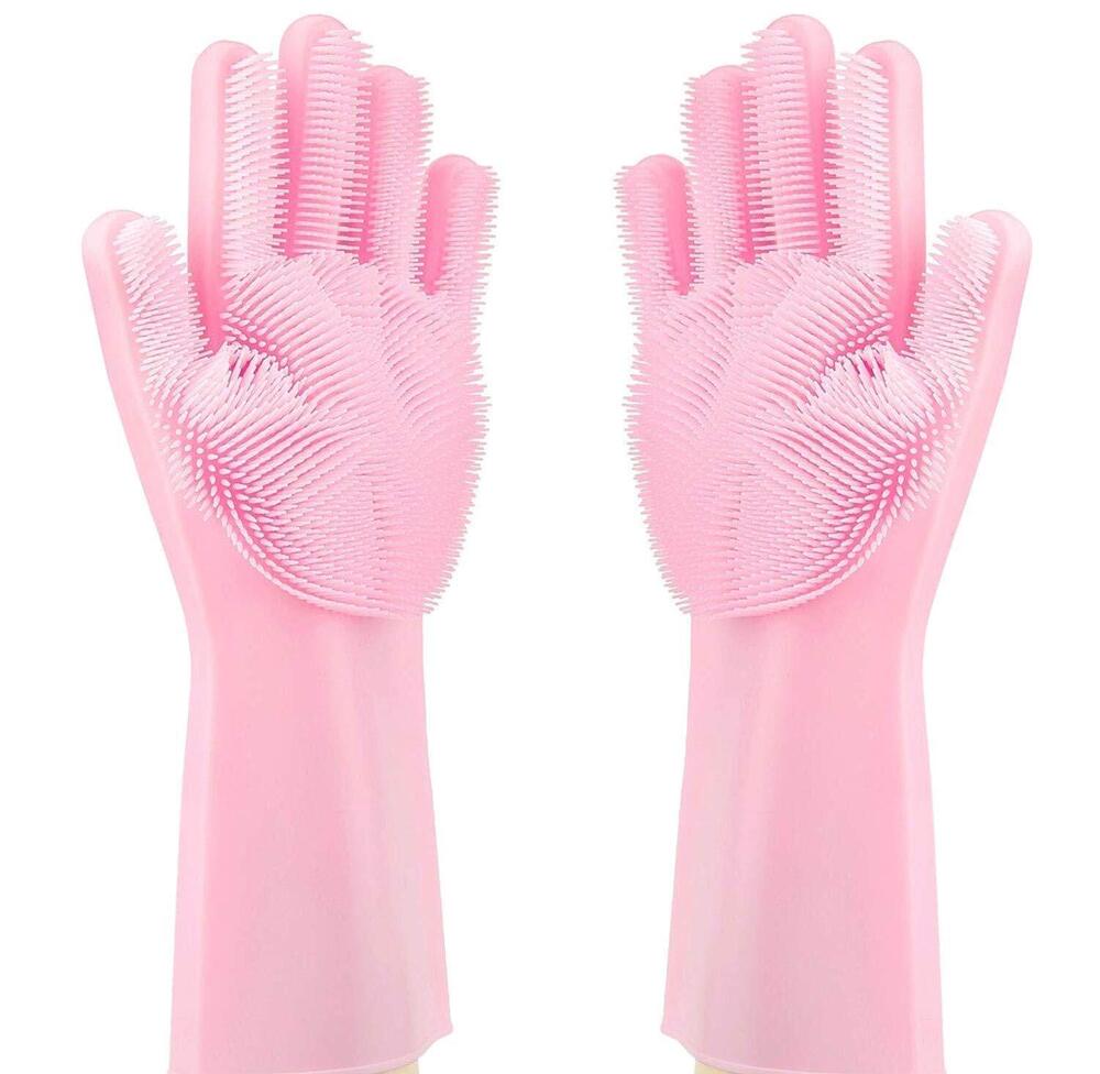 Cherrybox Silicone Dish Washing Gloves, Silicon Cleaning Gloves, Silicon Hand Gloves For Kitchen Dishwashing And Pet Grooming, Great For Washing Dish, Car, Bathroom (1 Pair) - Color: Pink