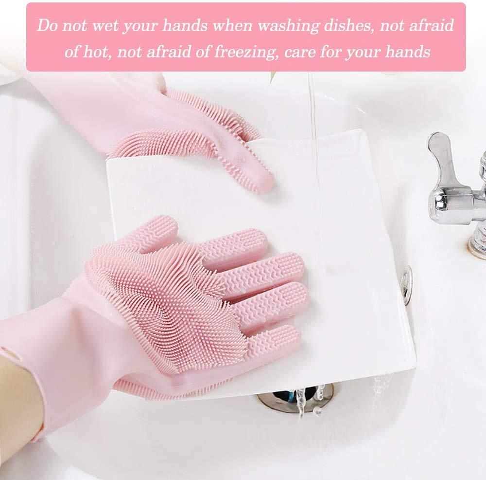 CherryBox Silicone Dish Washing Gloves, Silicon Cleaning Gloves, Silicon Hand Gloves for Kitchen Dishwashing and Pet Grooming, Great for Washing Dish, Car, Bathroom (1 Pair)