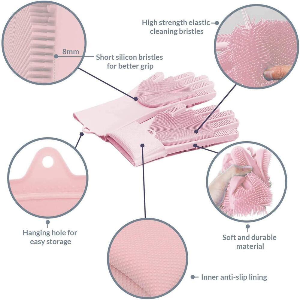 CherryBox Silicone Dish Washing Gloves, Silicon Cleaning Gloves, Silicon Hand Gloves for Kitchen Dishwashing and Pet Grooming, Great for Washing Dish, Car, Bathroom (1 Pair)
