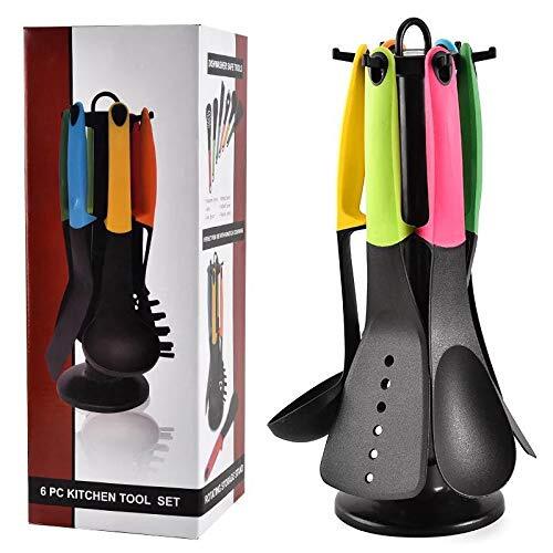 CherryBox Non-Stick Cookware - Nylon Kitchen Ladle Set with Rotating Stand - 6 pcs (Multicolour)