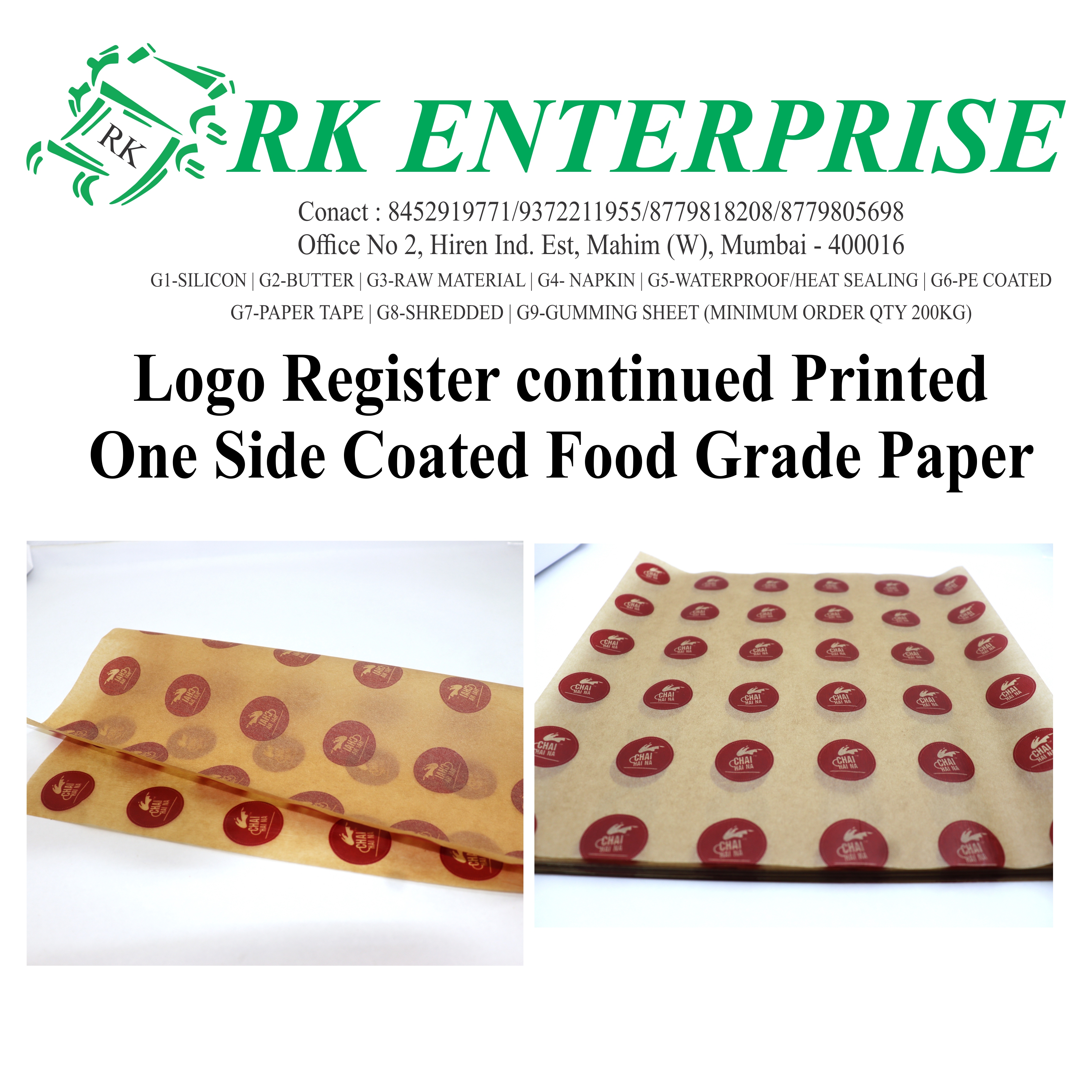 Logo Register Continue Printed  1 Side Coated Foood Grade Paper