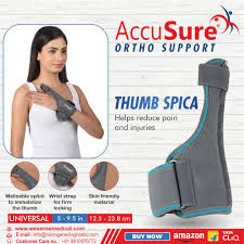Accusure Adjustable Thumb Spica Splint - Breathable Material, One Size Fits Most, Black Color | Lightweight Design, Customizable Fit For Enhanced Support