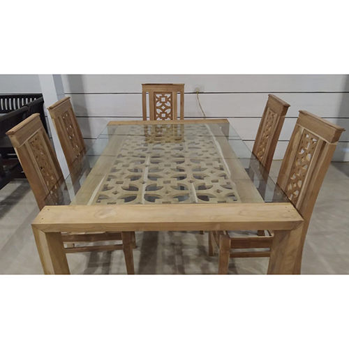 6 Seater Glass Top Teakwood Dining Table Set - Color: Different Available