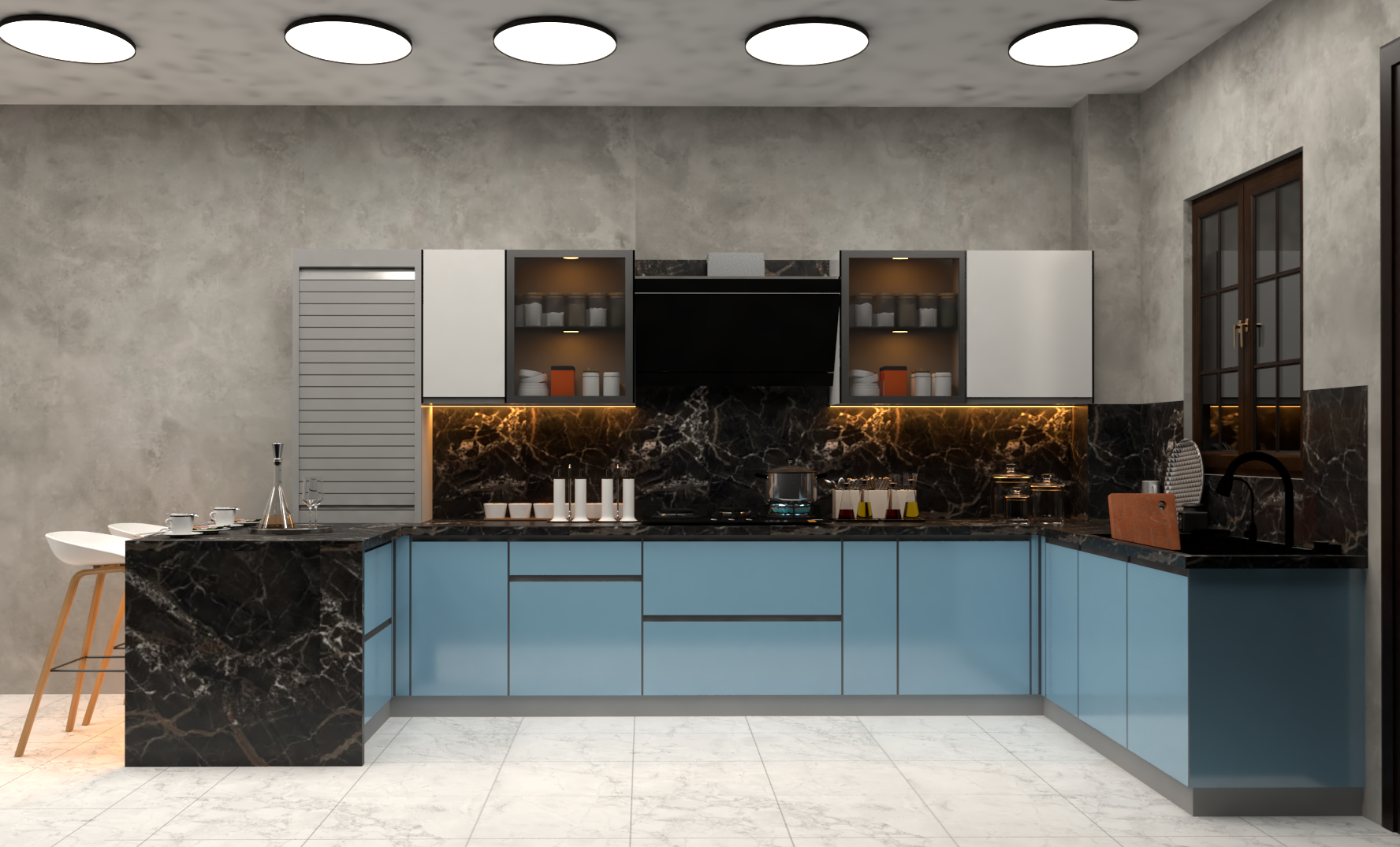 L Shaped Modular Kitchen (Blue) - Brand Name: Jindal Steel