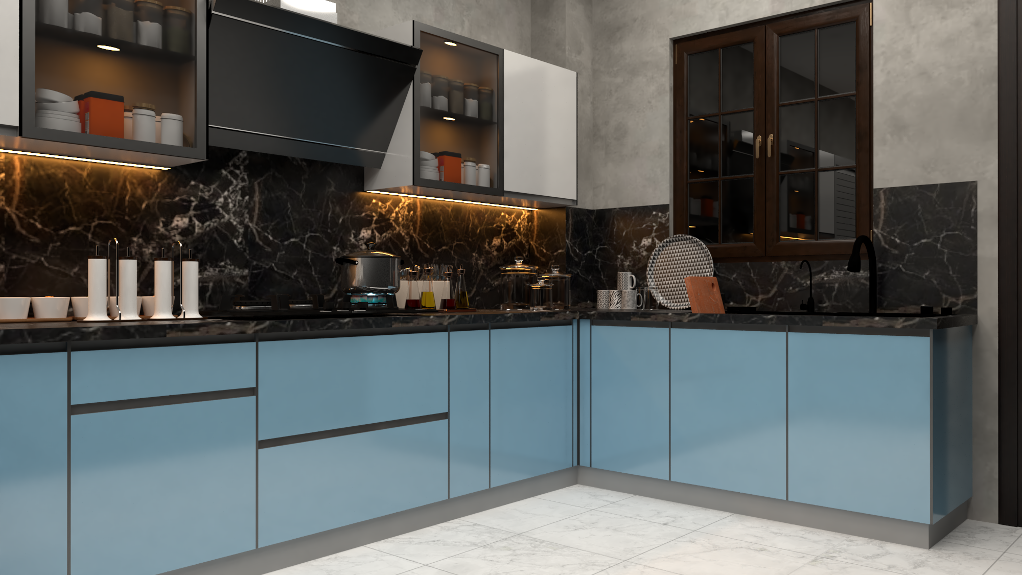 L Shaped Modular Kitchen (Blue) - Brand Name: Jindal Steel